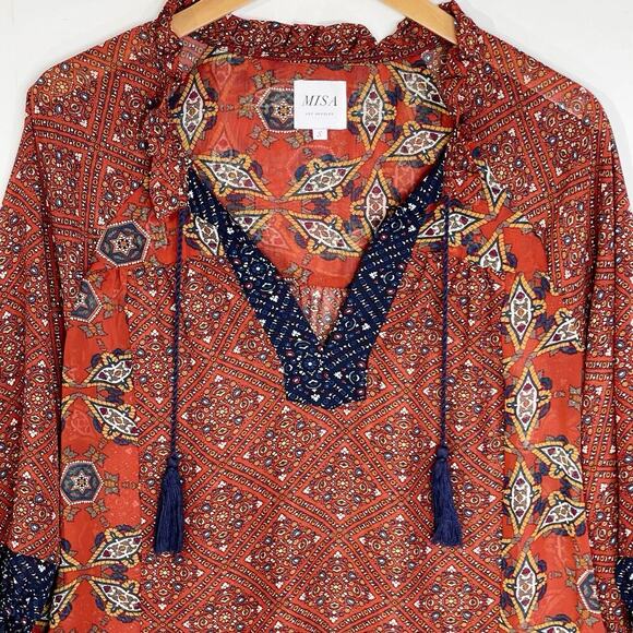 MISA Women’s Boho Chiffon Multi Print Tassel Top size small - Picture 2 of 4